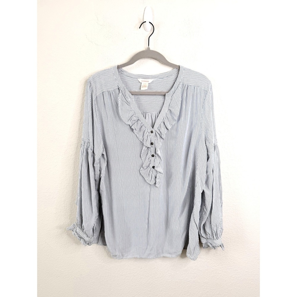 Sundance Ruffle Blouse Top Sz‎ L Stripped Baloon Sleeves Coastal Peasant